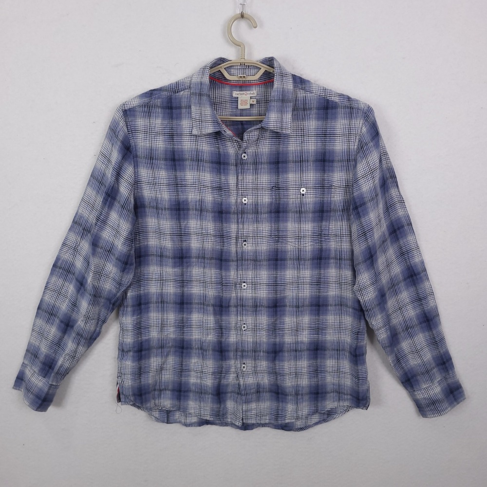 Carbon 2 Cobalt Button Down Mens M Blue Plaid Linen Long Sleeve Shirt Relaxed